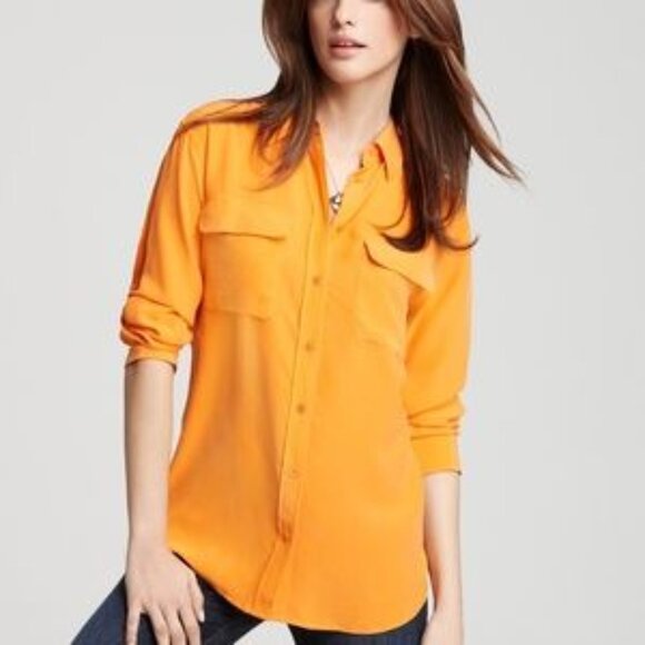 Equipment Femme Signature Silk Blouse Top Size M Orange-Yellow Casual Office - Picture 11 of 11